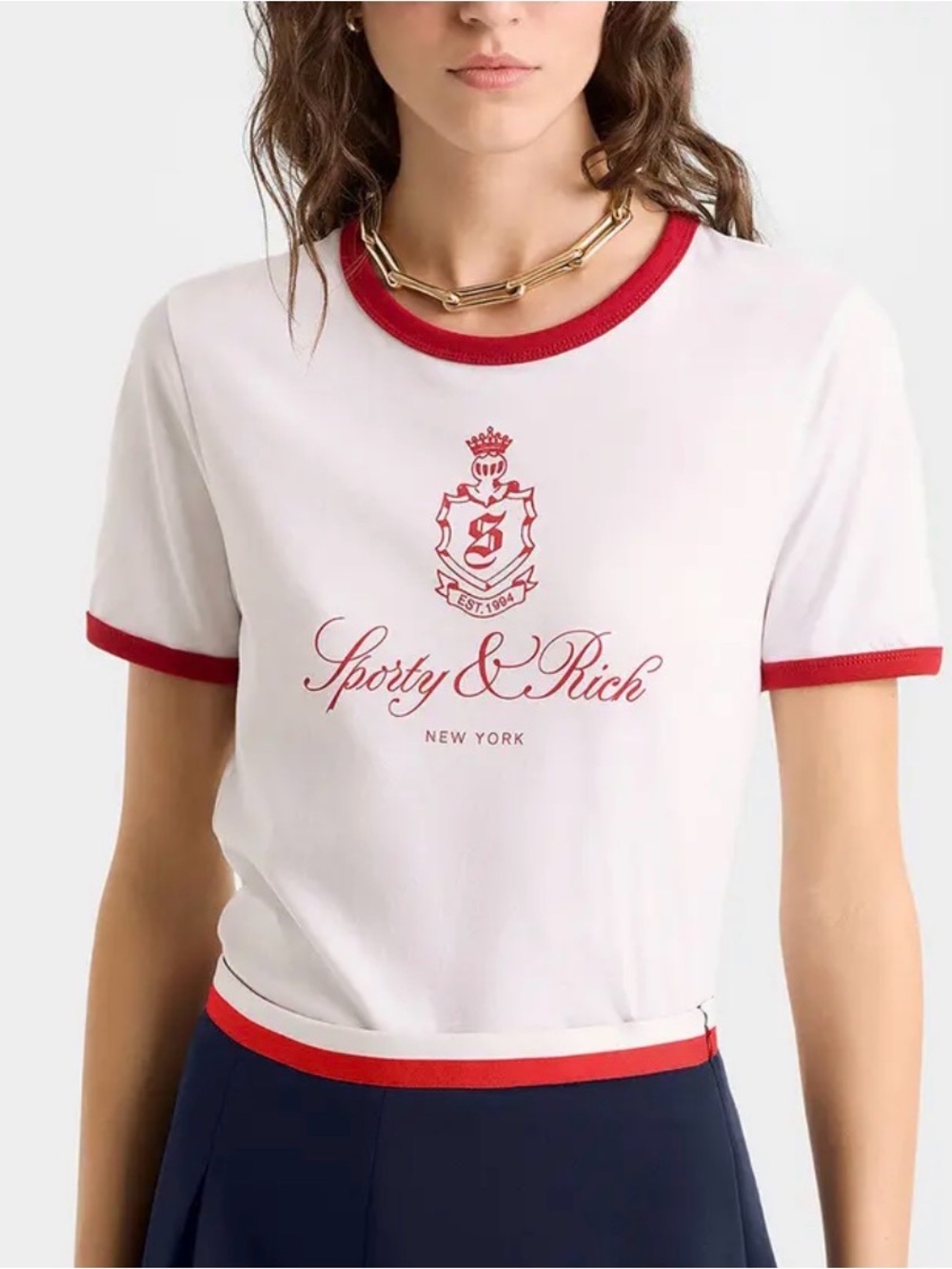 SPORTY & RICH Vendome Ringer Tee in White & Fire Red